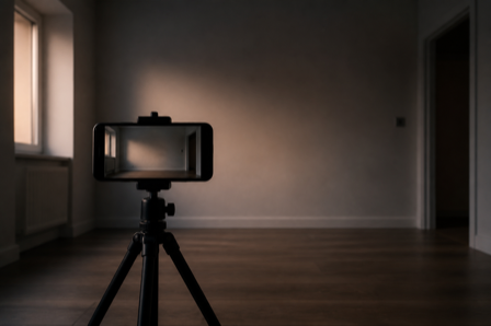 A smartphone on a tripod facing an empty, dimly lit room