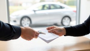 A car key and vehicle documents changing hands across a table with a sedan visible through the window