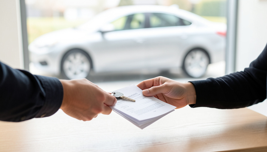 A car key and vehicle documents changing hands across a table with a sedan visible through the window