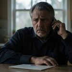 A worried man at a kitchen table holding a phone to his ear next to an official-looking envelope