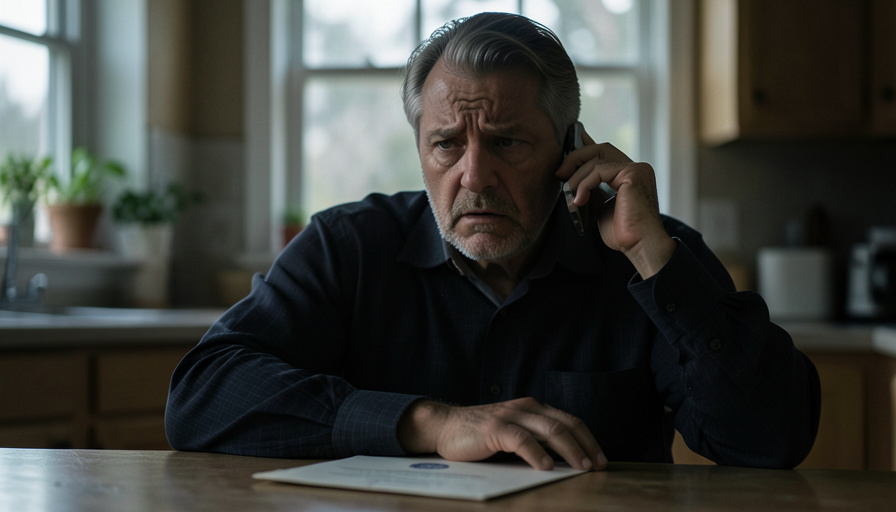 A worried man at a kitchen table holding a phone to his ear next to an official-looking envelope