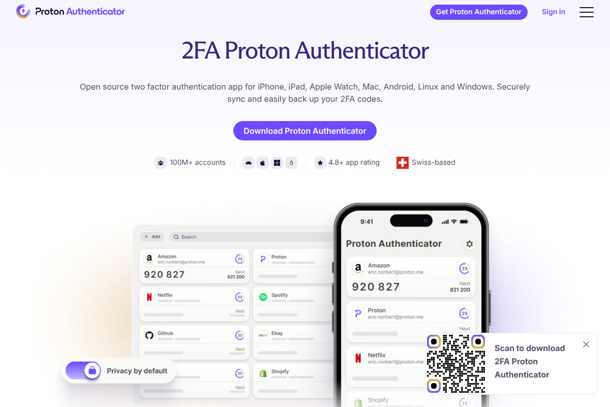 Proton Authenticator homepage showing cross-platform 2FA sync