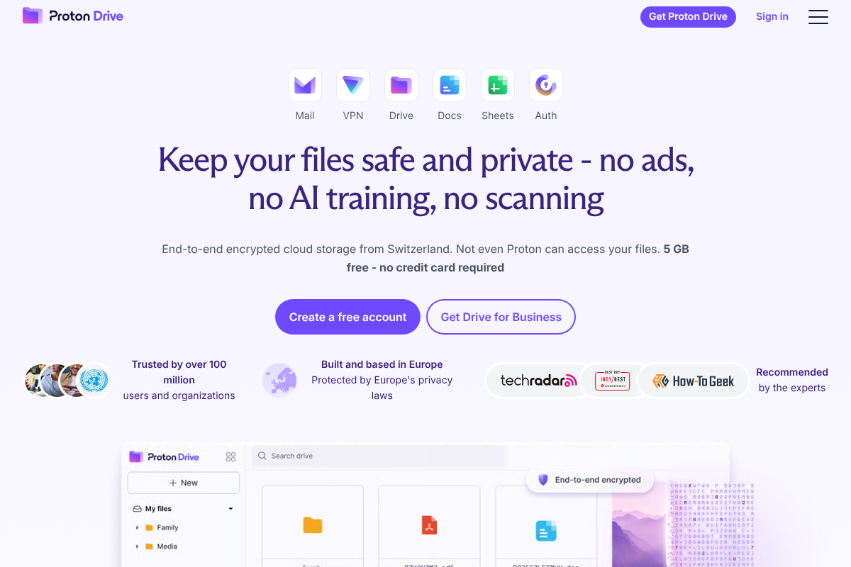 Proton Drive encrypted cloud storage page
