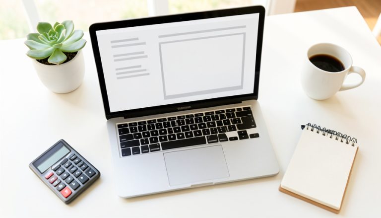 A bright freelancer desk seen from above with a laptop, calculator, notepad, and coffee