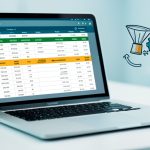 A laptop showing an accounting ledger with two rows flagged in amber as miscategorized, beside a gear-and-funnel rules icon