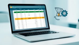 A laptop showing an accounting ledger with two rows flagged in amber as miscategorized, beside a gear-and-funnel rules icon