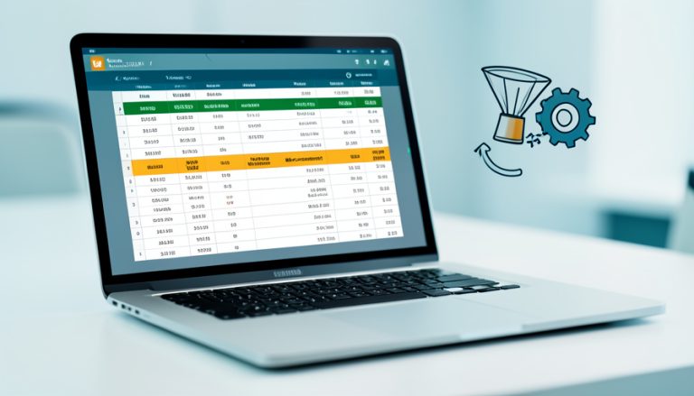 A laptop showing an accounting ledger with two rows flagged in amber as miscategorized, beside a gear-and-funnel rules icon