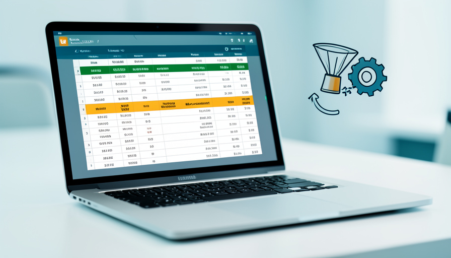 A laptop showing an accounting ledger with two rows flagged in amber as miscategorized, beside a gear-and-funnel rules icon