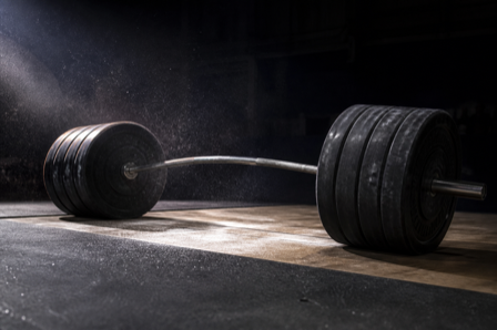 A heavily loaded barbell bending under stacked weight plates on a lifting platform with chalk dust in the air