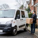 A delivery courier carrying a cardboard package toward a house on a residential street