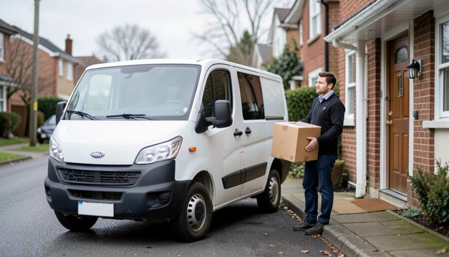 A delivery courier carrying a cardboard package toward a house on a residential street