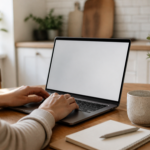A person's hands typing on a laptop with a blank screen at a home kitchen table with a coffee mug and notebook
