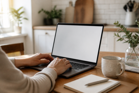 A person's hands typing on a laptop with a blank screen at a home kitchen table with a coffee mug and notebook