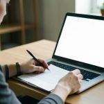 A person at a laptop signing a paper document with a pen during an online session