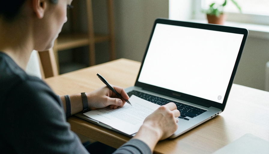 A person at a laptop signing a paper document with a pen during an online session