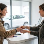 A traveler receiving car keys from an agent at a rental car counter with a car visible through the window