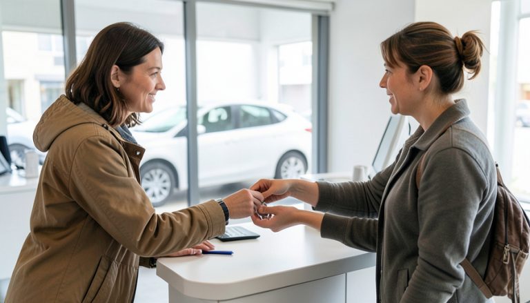 A traveler receiving car keys from an agent at a rental car counter with a car visible through the window
