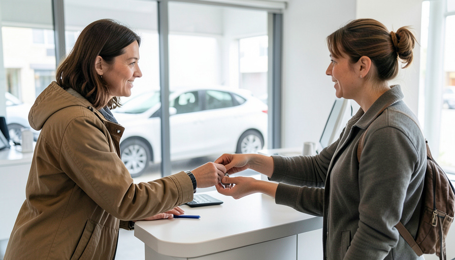 A traveler receiving car keys from an agent at a rental car counter with a car visible through the window