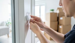 A person peeling the backing off a small wireless security sensor to stick on a door frame, with moving boxes behind