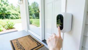 A white video doorbell camera mounted beside a residential front door with a visitor reaching for the button