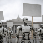 Humanoid robots holding blank placards in a city square with a government building behind