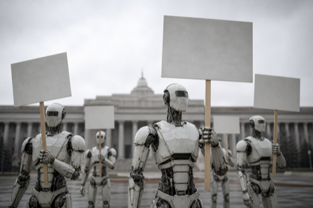 Humanoid robots holding blank placards in a city square with a government building behind