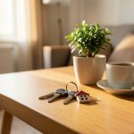 House keys with a small house-shaped keychain on a wooden table in a cozy apartment living room