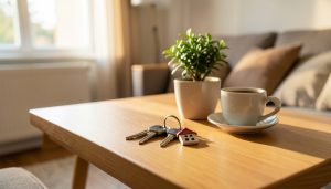 House keys with a small house-shaped keychain on a wooden table in a cozy apartment living room