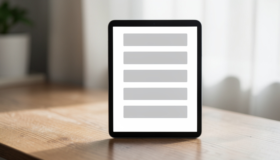 A tablet on a wooden desk showing a neat vertical stack of grey headline cards in chronological order