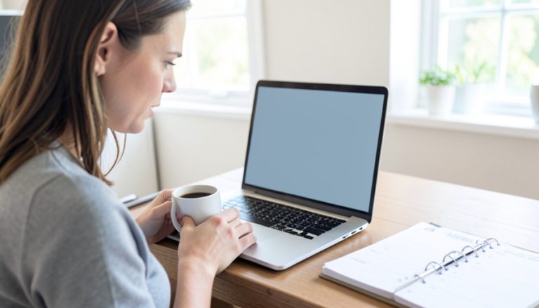 A person at a desk holding a coffee mug and looking at a laptop with a blank screen, a paper planner open beside it