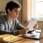 A worried college student at a desk reading a printed scholarship letter next to an open laptop