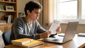 A worried college student at a desk reading a printed scholarship letter next to an open laptop
