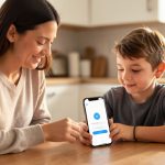 A parent and school-age child at a kitchen table reviewing an app permission prompt on a smartphone