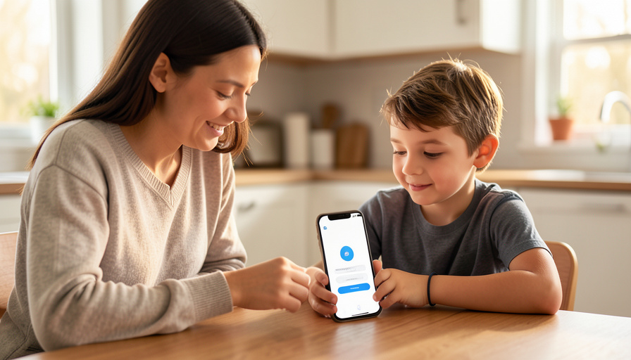 A parent and school-age child at a kitchen table reviewing an app permission prompt on a smartphone