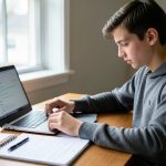 A high school student working on a college application on a laptop at a desk with a notebook and papers