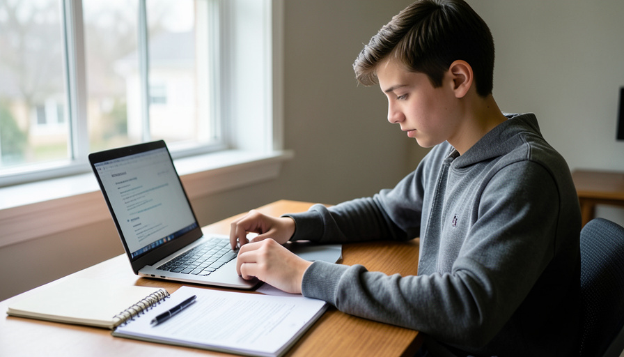 A high school student working on a college application on a laptop at a desk with a notebook and papers