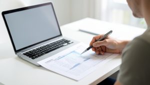 A person reviewing a printed spreadsheet of tabular data with a pen, beside an open laptop with a blank screen