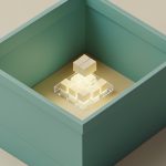 Isometric illustration of small glowing building blocks placed inside a larger storefront-shaped container