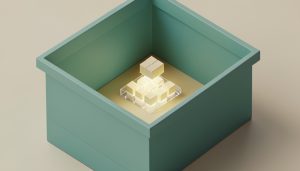 Isometric illustration of small glowing building blocks placed inside a larger storefront-shaped container