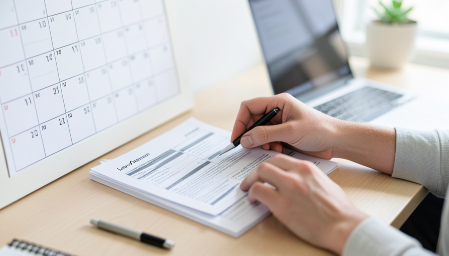 Hands filling out leave paperwork forms on a desk beside a wall calendar and a laptop