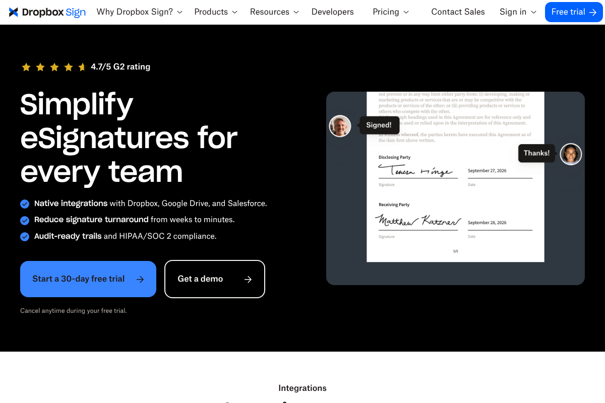 The Dropbox Sign website showing a signed document and its e-signature features