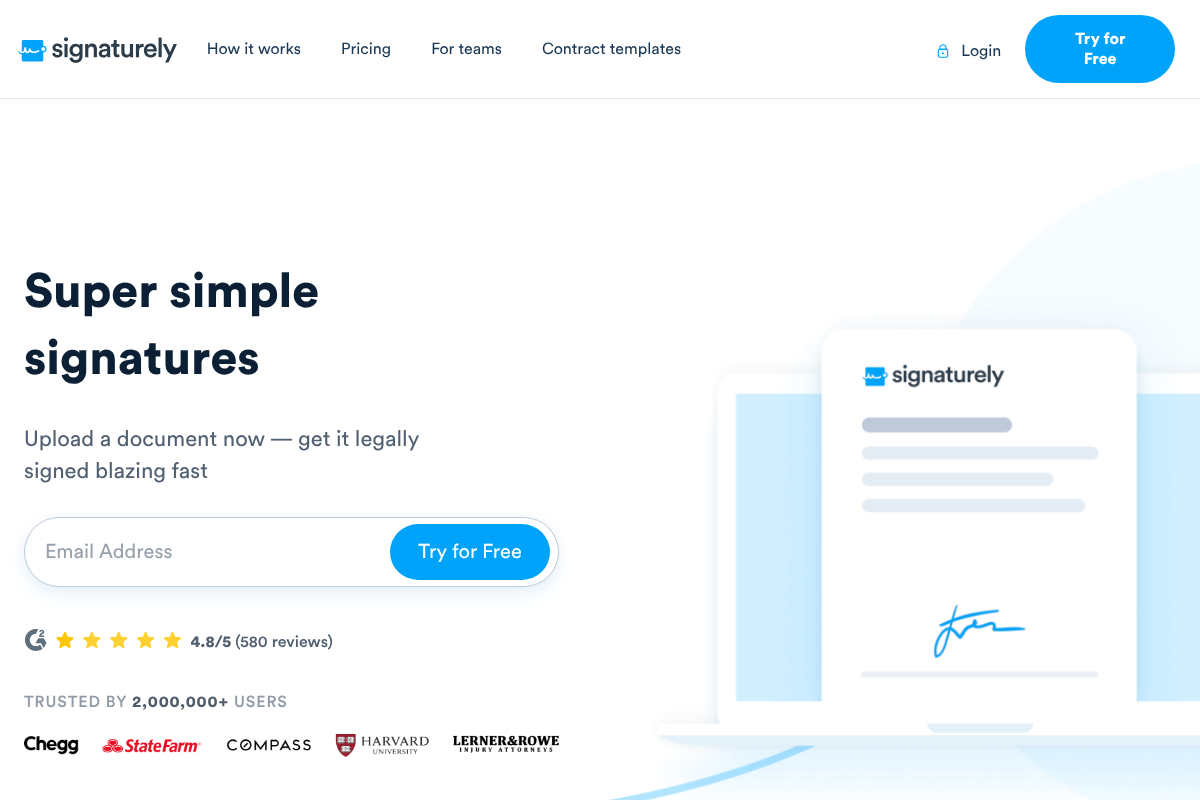 The Signaturely website showing its simple upload-and-sign product