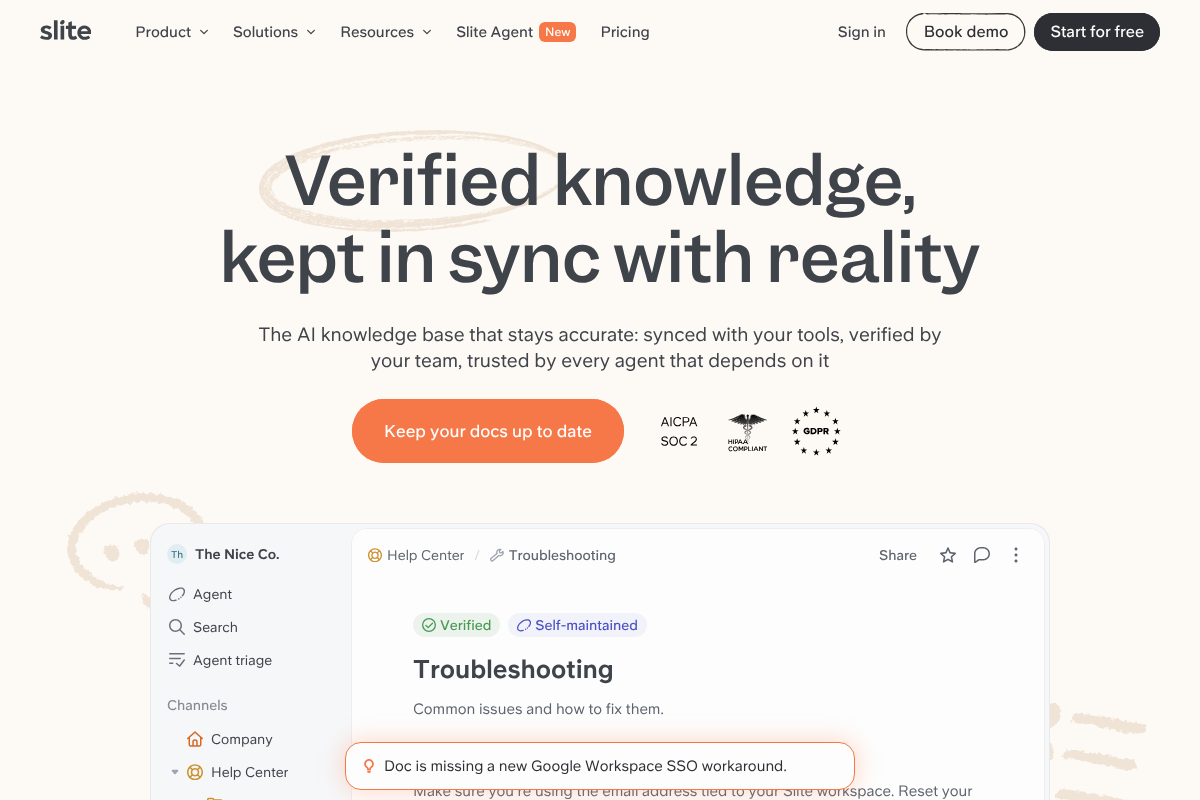 The Slite website showing verified knowledge base features and compliance badges
