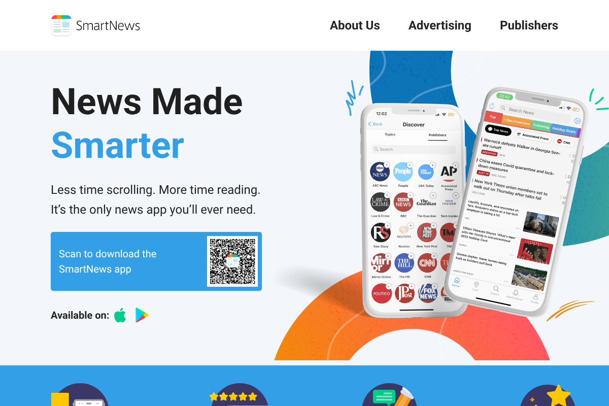 SmartNews homepage showing its news app with publisher logos