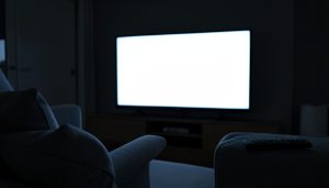 A blank glowing television screen in a dim living room with a remote on the sofa arm