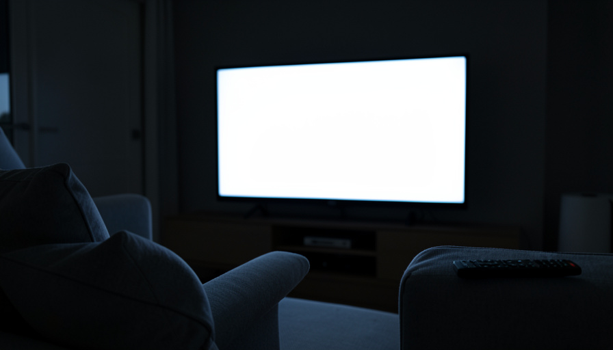 A blank glowing television screen in a dim living room with a remote on the sofa arm