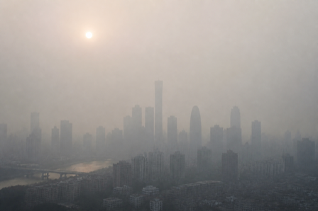 A city skyline shrouded in thick grey haze with a dim hazy sun