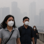 People wearing masks walking along a hazy grey city street in Southeast Asia