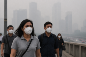 People wearing masks walking along a hazy grey city street in Southeast Asia