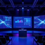 A modern tech event stage with large glowing display panels and a laptop on a podium